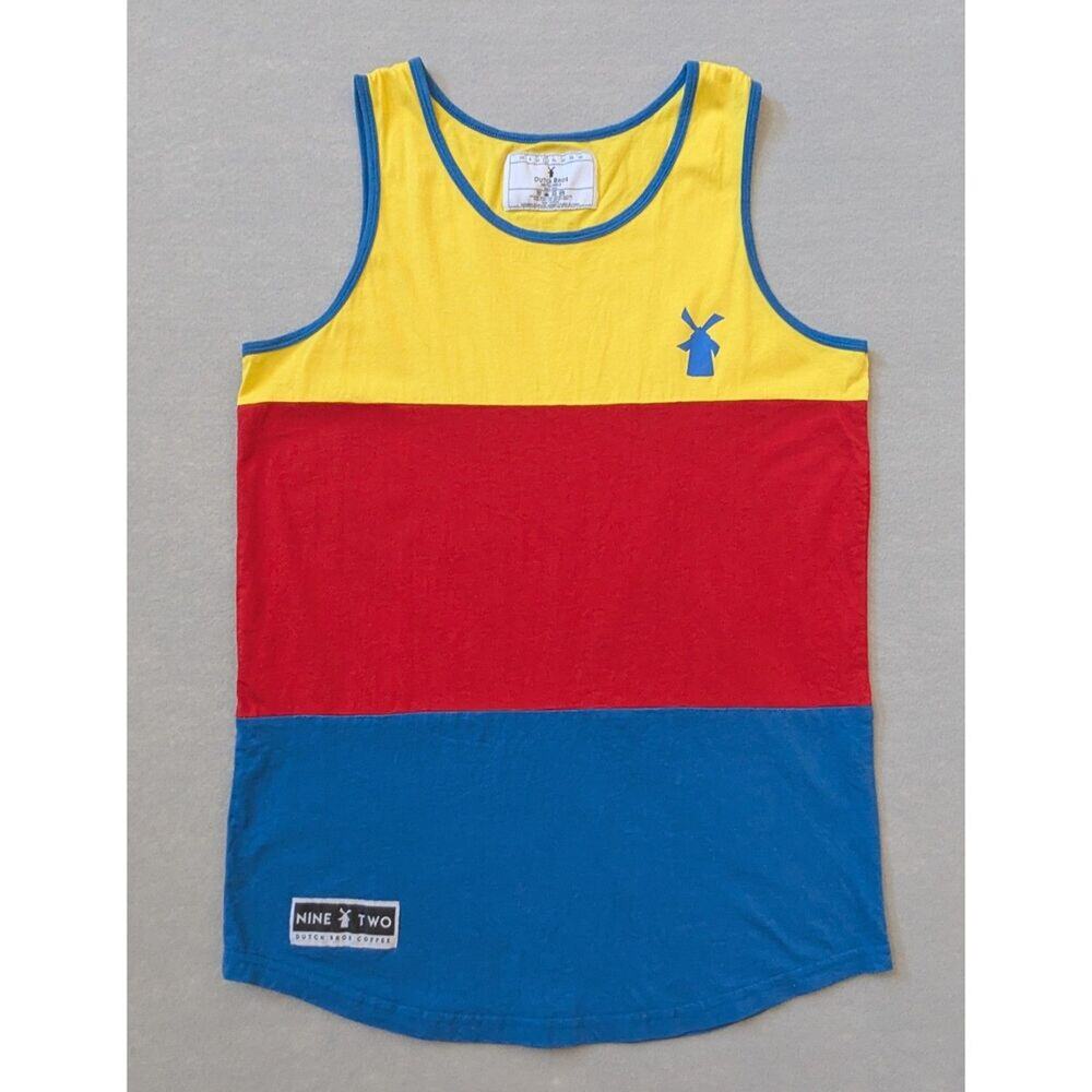 Dutch Bros Nine Two Color Block Tank Top Large Yellow Red Blue 100% Cotton